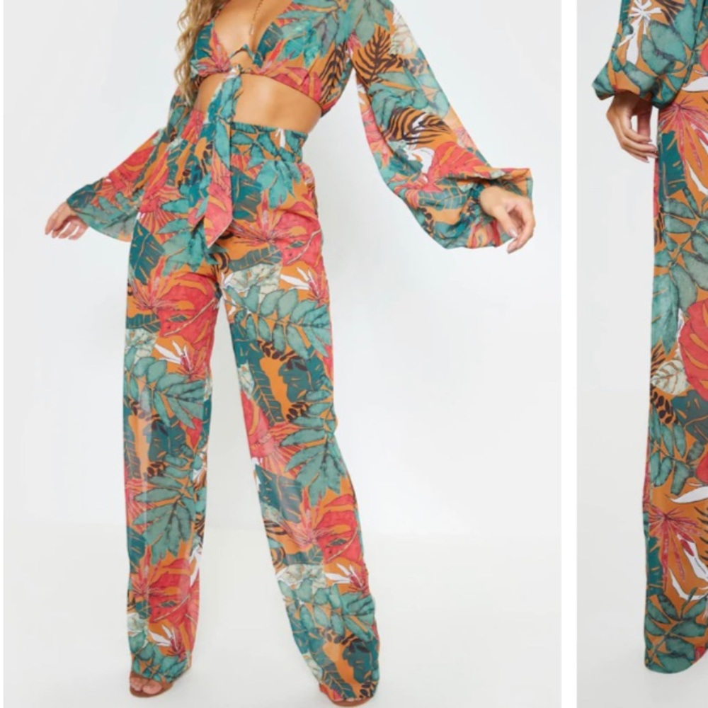 Orange Big Leaf Wide Leg Beach Pants Set